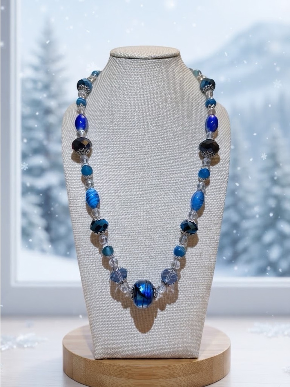 Handmade Blue Glass and Stone Bead Necklace